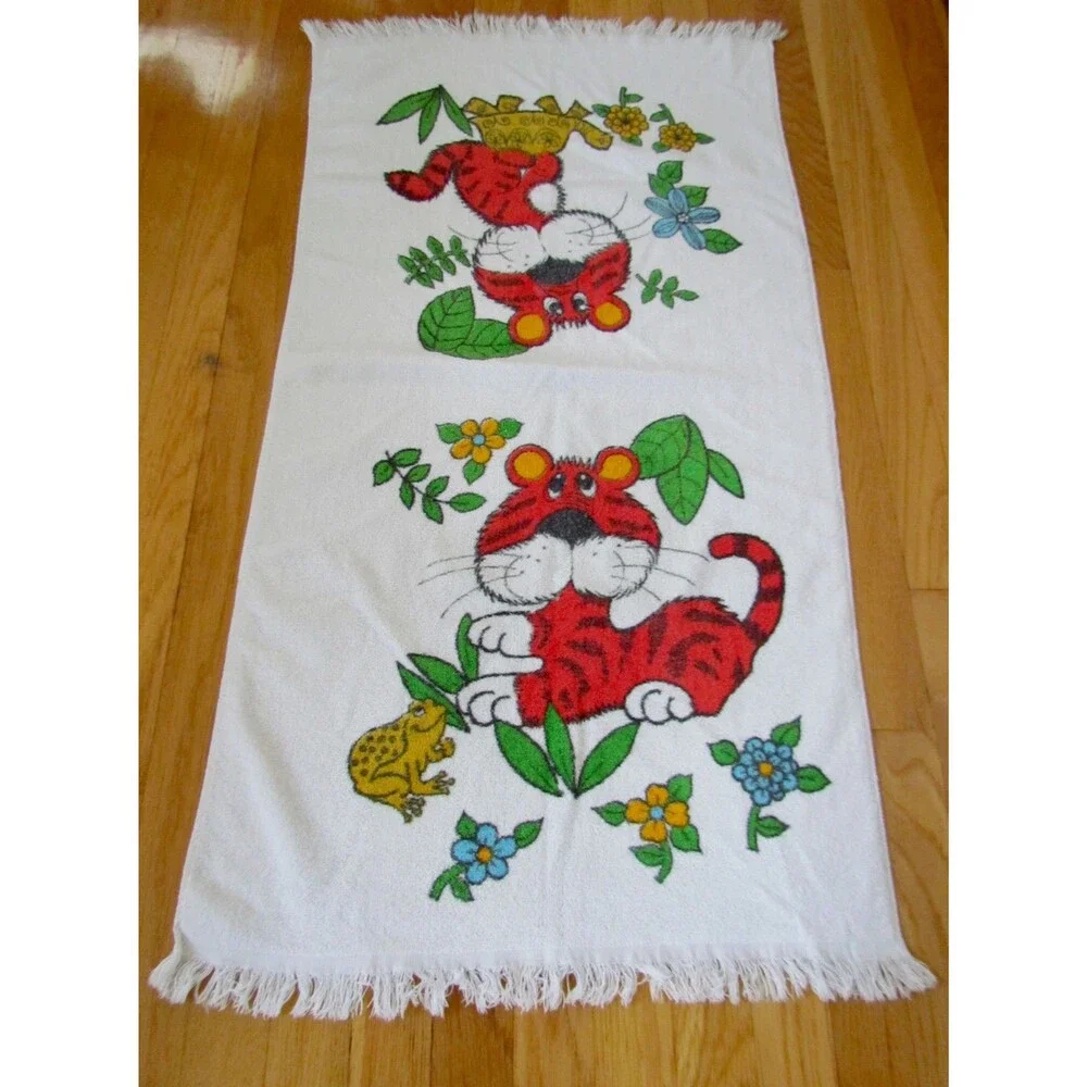 Vintage 1970s Cannon Bath Towel Monticello Tiger Frog Turtle Fringed